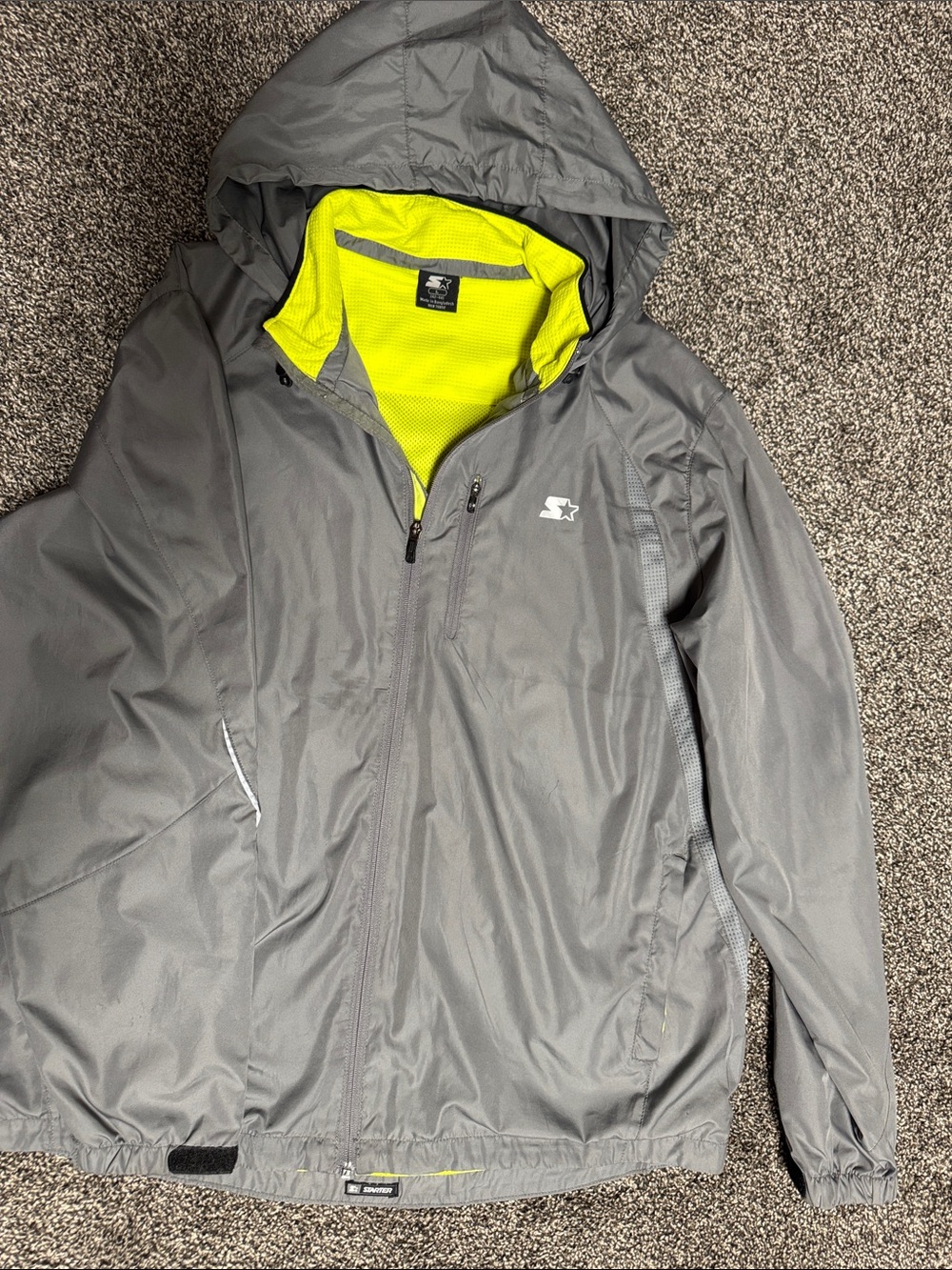 Men’s vintage STARTER Gray Raincoat with Neon Yellow Lining, like new, size L